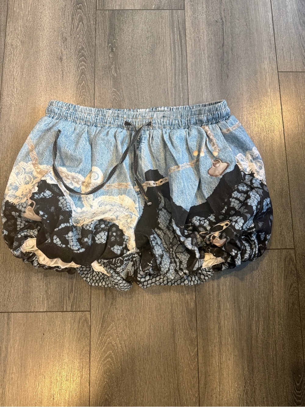 Light Blue and Black Patternedu denim Women's Bubble Shorts
